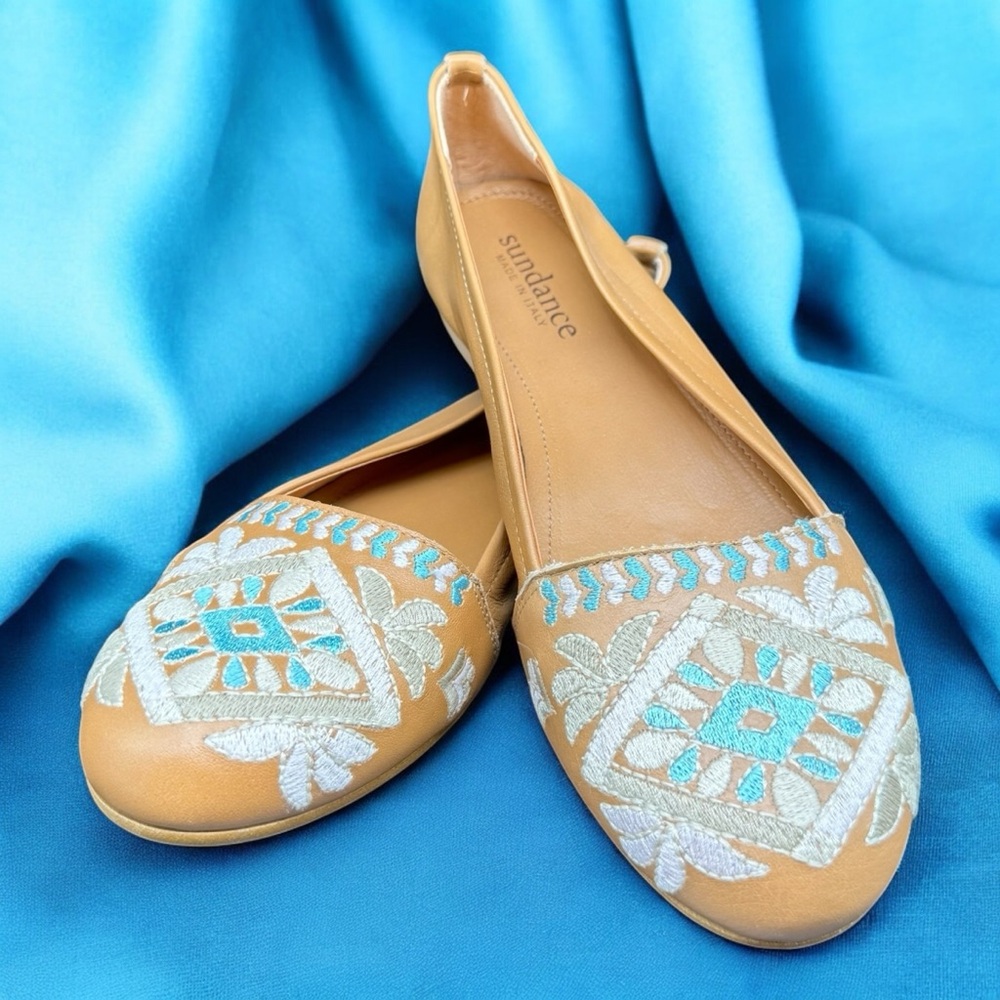 Sundance Apollonia Beige Tan Embroidered Leather Boho Ballet Flats Sz 8/39 Italy